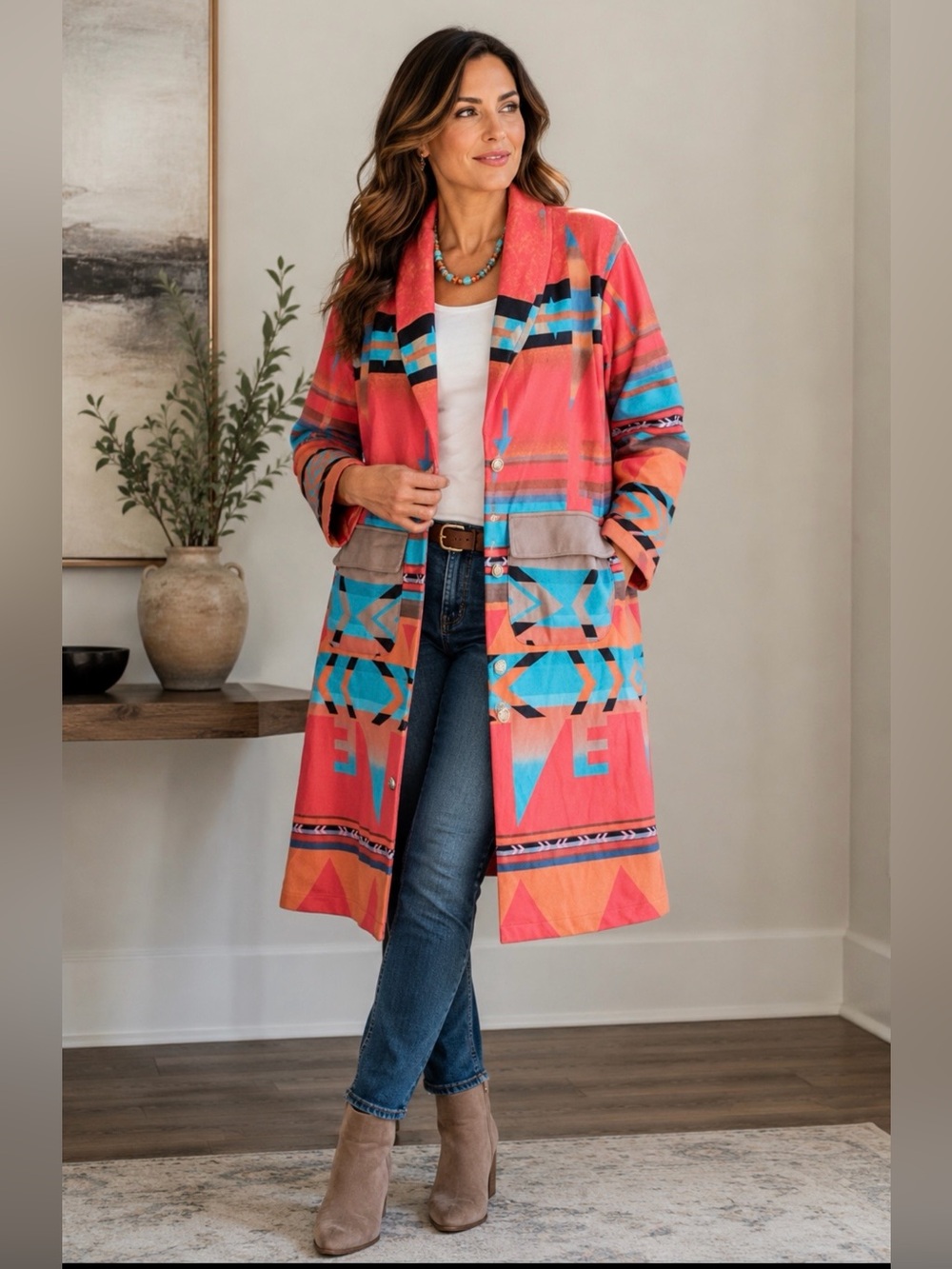 Misslook Southwest Tribal long Jacket Coat shacket Aztec Ethnic Colorful size M